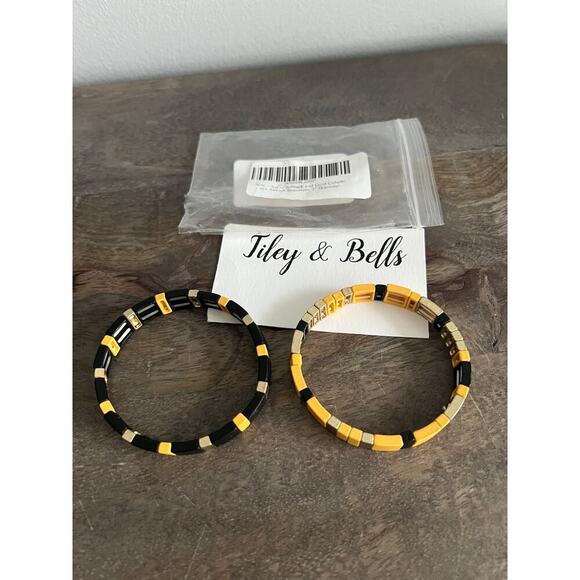 New Tiley & Bells Black Yellow and Gold Colorblock Stretch Bracelets - Picture 2 of 10